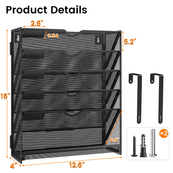Kinkota Hanging Wall File Organizer 6-Tier Wall Mount Mail Organizer & Desk Paper Organizer, Sleek Black Metal File Folder Holder for Office, Cubicle