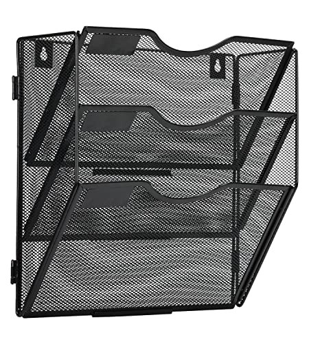 EasyPAG Wall File Holder Organizer 3 Pocket Mesh Hanging Wall Mounted Document Paper Folder Filing Magazine Rack with Nametag Label for Office Home S
