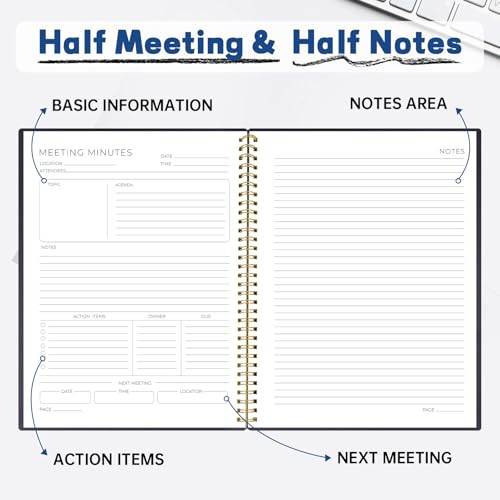 Half-Meeting & Half-Notes - 8.5"x11" A4 Meeting Notebook for Work Organization - 160 Pages Spiral Project Planner for Note Taking, Meeting Agenda & M