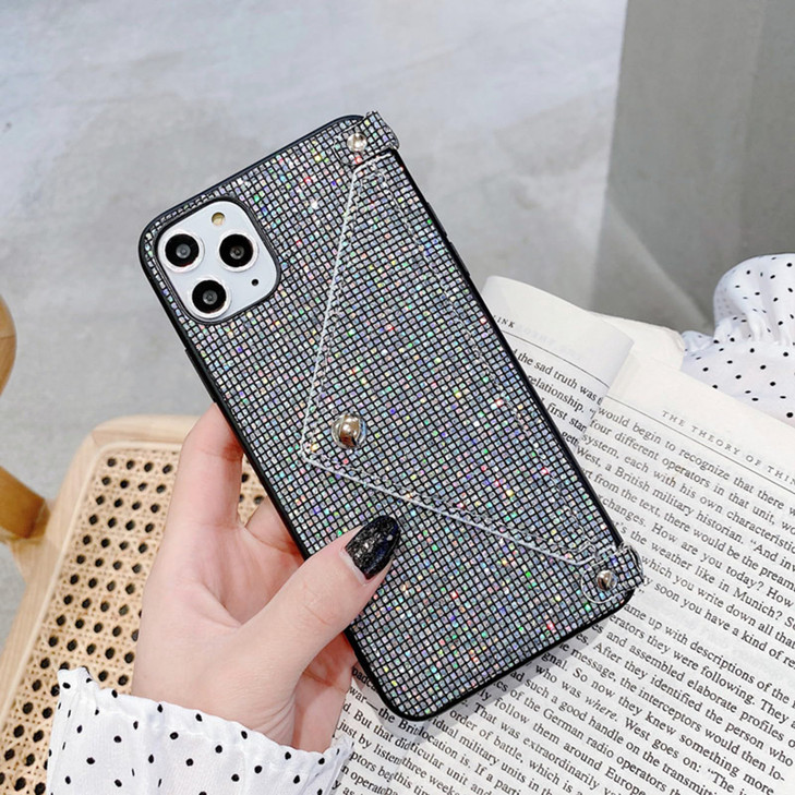 Omorro for iPhone 16 Pro Max Bling Case, Glitter Diamond Sequins Case Small Credit Card Cash Holder Wallet Case with Shiny Crossbody Chain Hard Back