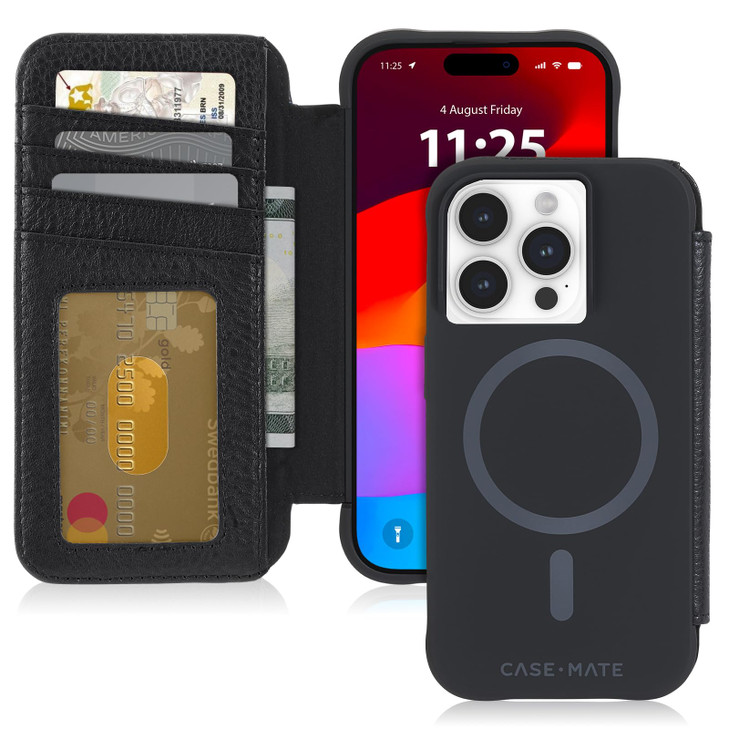 Case-Mate Wallet Folio iPhone 15 Pro Case - Black [12ft Drop Protection] [Compatible with MagSafe] Magnetic Flip Folio Cover Made with Genuine Pebble