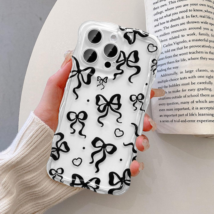 UEEBAI Cute Bow Case for iPhone 16 Pro 6.3 inch, Wavy Ribbon Bow Case Pretty Aesthetic Case Cute Curly Clear Case Stylish Soft Bow Phone Case Pretty
