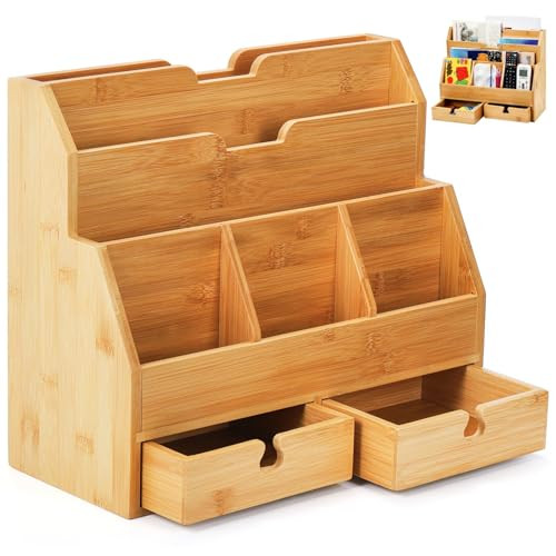 Youeon Bamboo Desk Mail Organizer with Drawers, Large Office Desk Organizer, Countertop Magazine File Holder, Desk Organizer and Sorter for File Lett