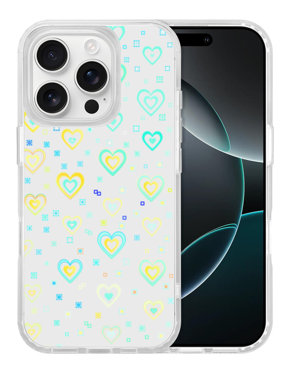 Jusy Compatible with iPhone 16 Pro Max Case, Holographic Love Heart Iridescent Clear Kawaii Phone Case, for Women Aesthetic Laser Bling Rainbow Cute