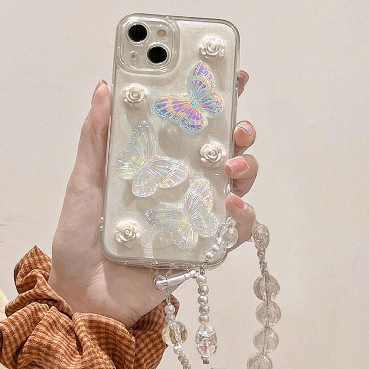 AuroiCCY for iPhone 16 Pro Max Clear Bling Glitter Case, Cute Bow Butterfly Pearl Aesthetic Girly Transparent Phone Case with Phone Chain Bracelet,So