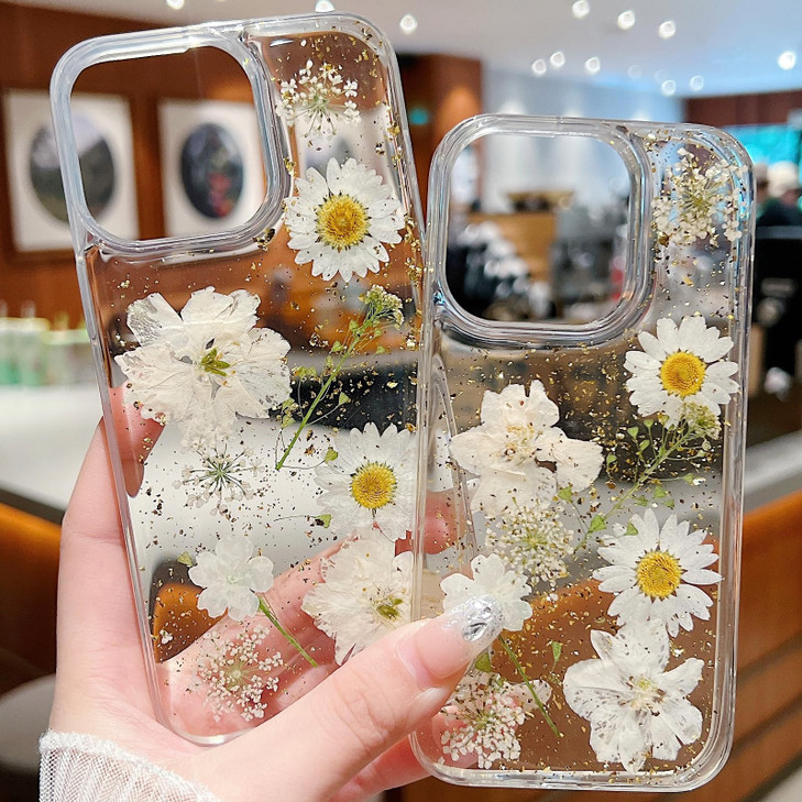 Changjia for iPhone 16 Plus Clear Glitter Floral Case,Cute Pressed Real Flowers Design Bling Sparkly White Floral Soft Silicone Shockproof Protective