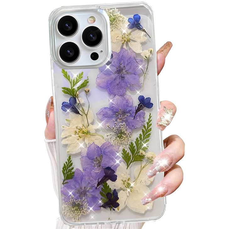 Changjia for iPhone 16 Pro Max Clear Glitter Floral Case,Cute Pressed Real Flowers Design Bling Sparkly White Floral Soft TPU Shockproof Protective C
