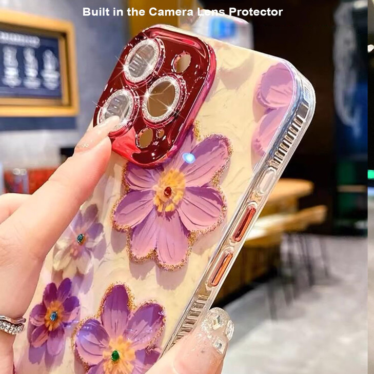 Changjia Floral Case for iPhone 16 Plus,Cute Colorful Retro Oil Painting Printed Flower with Glitter Bling Sparkly Camera Protector Soft TPU Protecti