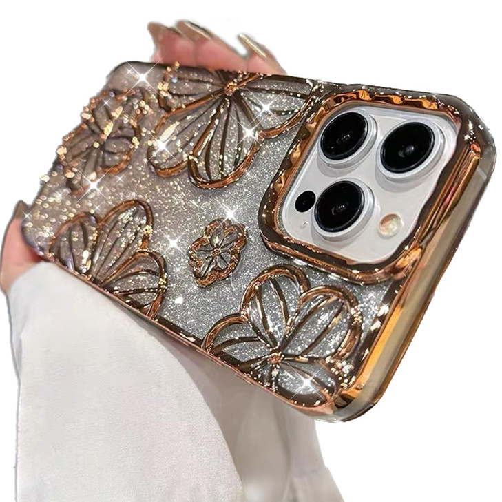 AuroiCCY for iPhone 16 Pro Max Plating Case with Bling 3D Floral Pattern, Girly Woman Cute Soft TPU Silicone Gradient Glitter Sparkly Case Shockproof