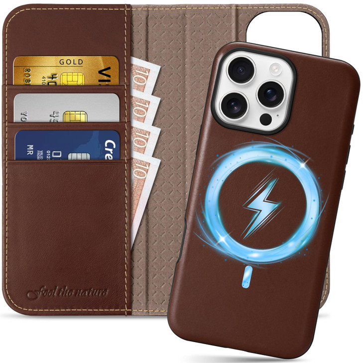 SHIELDON Case for iPhone 16 Pro Max, Genuine Leather 2 in 1 Wallet Kickstand RFID Blocking Card Holder Magnetic Shockproof Wireless Charging Case Com