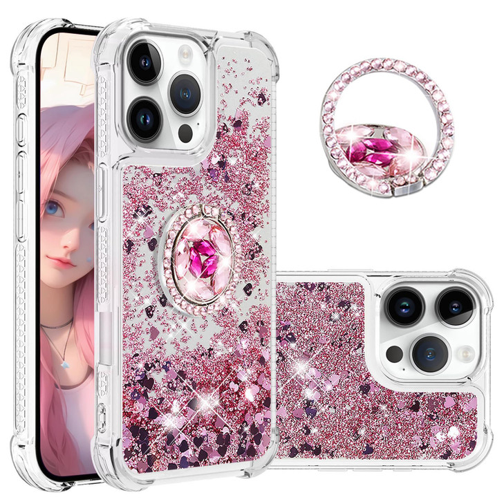 CCSmall for Apple iPhone 16 Pro Case Clear Glitter Bling for Women, Flowing Liquid Quicksand Sparkly Cover with Diamond Ring Holder Case for iPhone 1