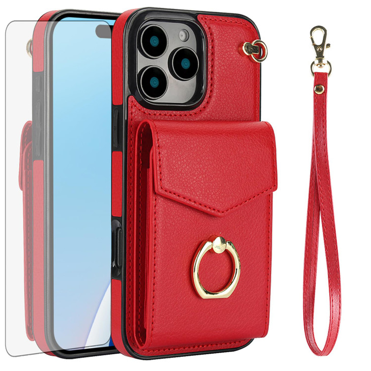 Asuwish Compatible with iPhone 16 Pro 6.3 inch Wallet Case Tempered Glass Screen Protector and RFID Blocking Ring Credit Card Holder Leather Slot Cel