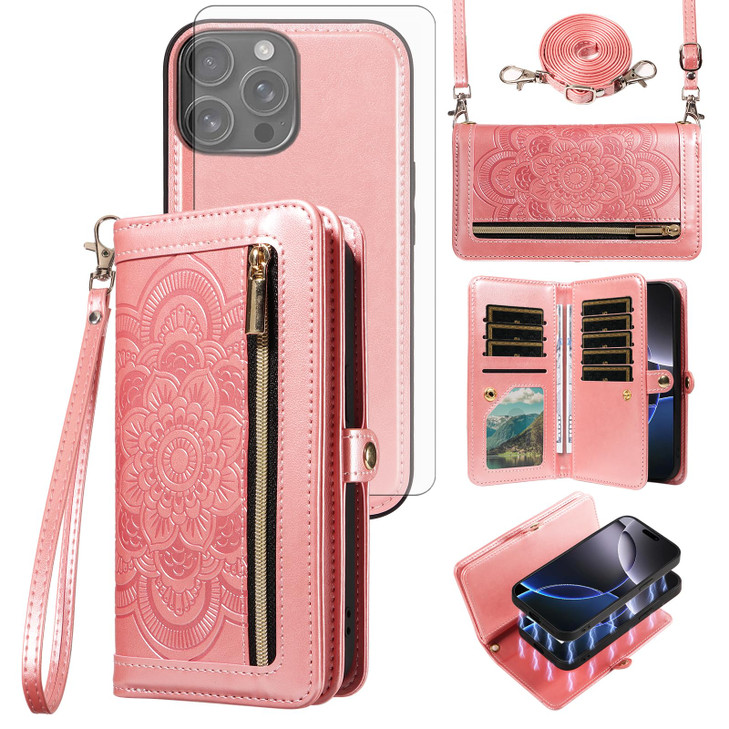 Asuwish Phone Case for iPhone 16 Pro Max 6.9 inch Zipper Wallet Detachable Cell Cover with Tempered Glass Screen Protector Strap Flower Card Holder i