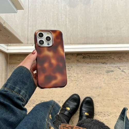 Reezaddin Glitter Vintage Amber Pattern Phone Case for iPhone 16 Pro 6.3in,Retro Cheetah Leopard Print Brown Bling Tortoise Shell Brown Protective Co