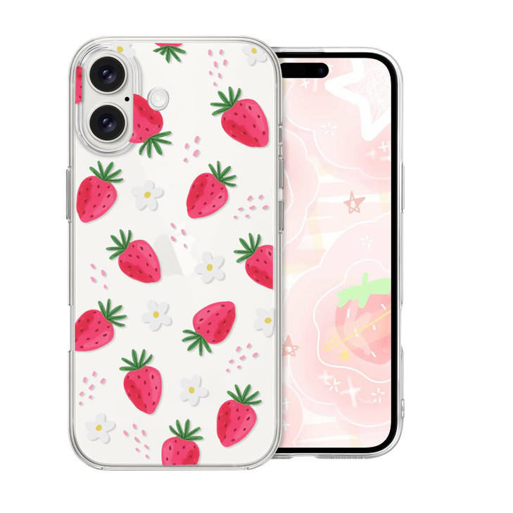 Cute Strawberry Case Compatible for iPhone 16 Plus with Little Daisy Flowers Design for Women Girls Kids, Clear Slim Soft TPU Shockproof Protective C