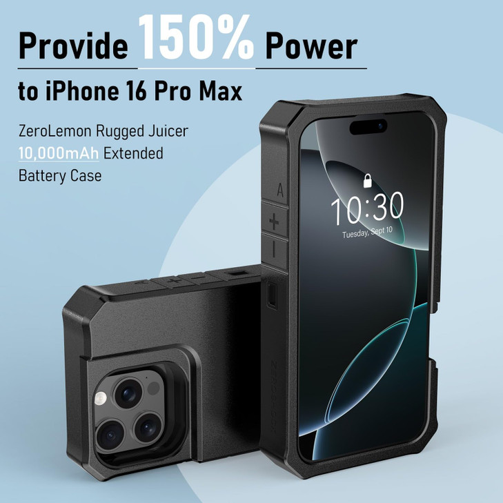 ZEROLEMON Battery Case for iPhone 16 Pro Max, 10000mAh Capacity, 18W Fast Charging Power with Full Edge Protection Extended RuggedJuicer Battery Char