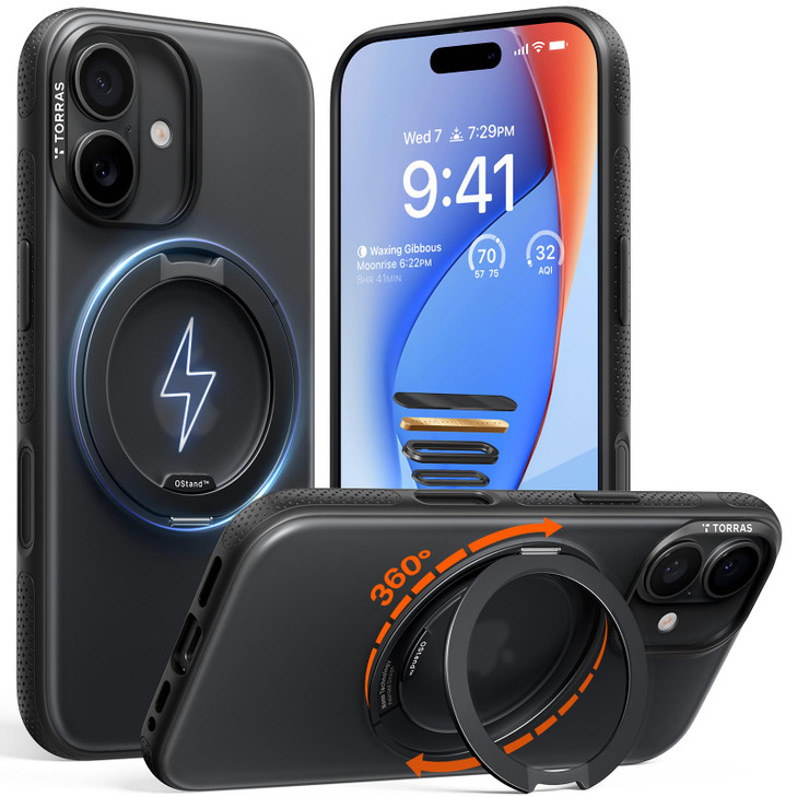 TORRAS 360 Magnetic Stand for iPhone 17 Case, [Rotatable Sturdy Kickstand][Fit for MagSafe][4X Mil-Grade Shockproof] Slim Translucent Phone Cover, Ca