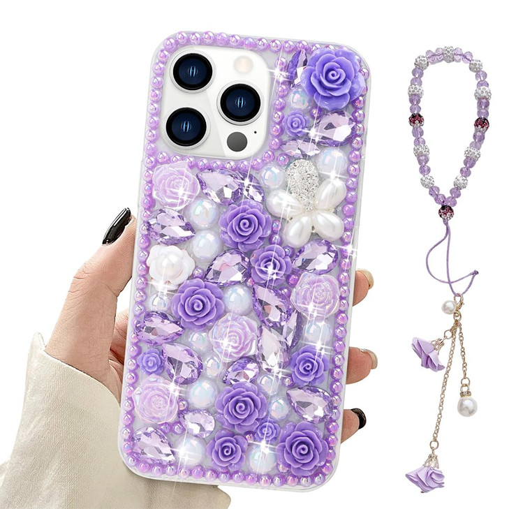 Omorro for iPhone 16 Bling Case with Strap, Luxury Glitter Rhinestone Diamond Crystal Sparkle Rose Flower Pearl Floral Bracelets Soft Bumper Protecti