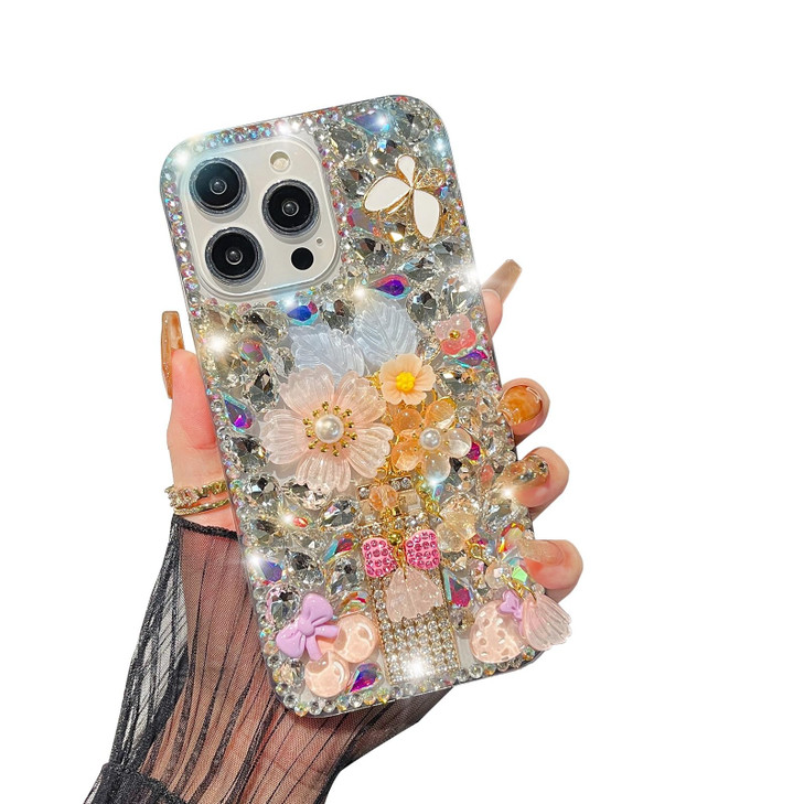 Omorro Compatible with iPhone 16 Pro Bling Case, Luxury Glitter Rhinestone Diamond Crystal Sparkle Rose Flower Pearl Floral Perfume Bottle Bow Soft B