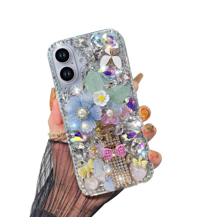 Omorro Compatible with iPhone 16 Bling Case, Luxury Glitter Rhinestone Diamond Crystal Sparkle Rose Flower Pearl Floral Perfume Bottle Bow Soft Bumpe