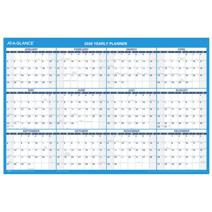 AT-A-GLANCE 2026 Erasable Calendar, Dry Erase Wall Planner, 36" x 24", Large, Horizontal, Reversible (PM2002826)