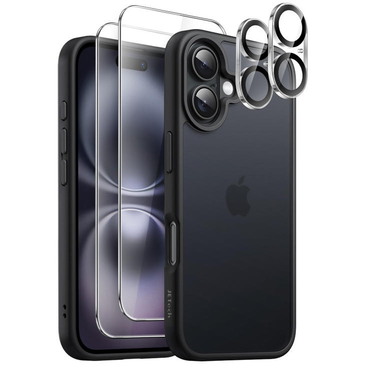JETech 5 in 1 Matte Case for iPhone 16 6.1-Inch with 2-Pack Each Tempered Glass Screen Protector and Camera Lens Protector, Translucent Back Shockpro