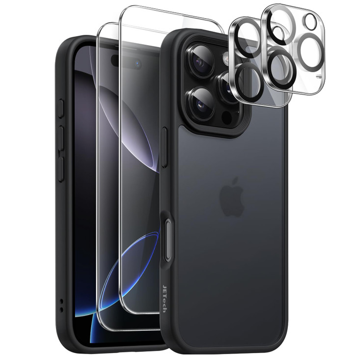 JETech 5 in 1 Matte Case for iPhone 16 Pro 6.3-Inch with 2-Pack Each Tempered Glass Screen Protector and Camera Lens Protector, Translucent Back Shoc