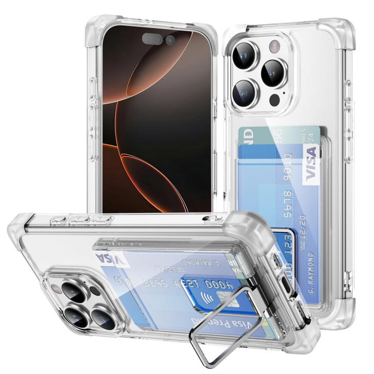 CCSmall for iPhone 16 Pro Max Clear Case with Card Slot Holder, Upgrade Slim Thin Soft TPU Shockproof Wallet Cover Case with Folding Ring Kickstand f