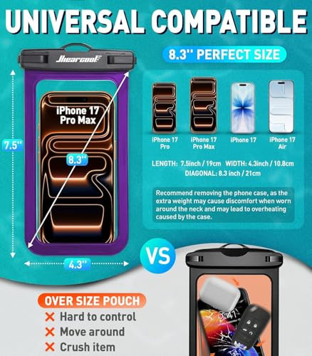 Hiearcool Universal Waterproof Phone Pouch, Dry Bag Compatible for iPhone 17 16 15 14 13 Pro Max XS Plus Samsung Galaxy S22 Cellphone Up to 8.3", IPX