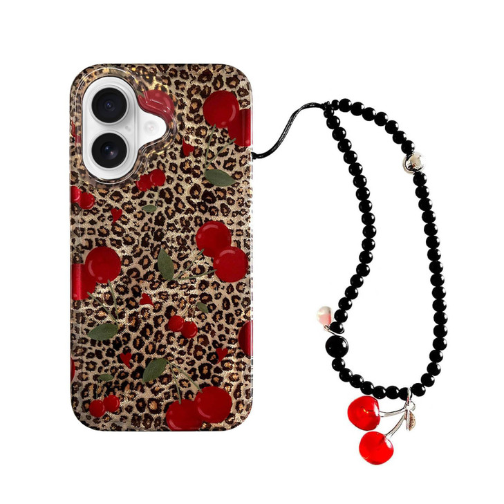 aaknhen Leopard Cherry Phone Case Compatible for iPhone 16,Trendy Cherries Cheetah Print Cases with Phone Charm Chain Cute iPhone Case,Fruit Phone Ca