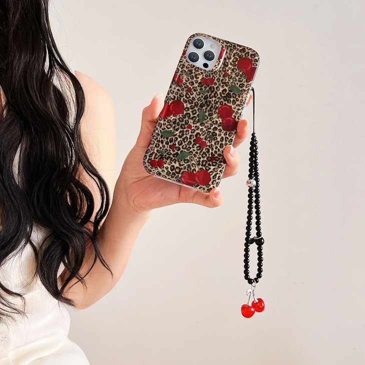 aaknhen Leopard Cherry Phone Case Compatible for iPhone 16,Trendy Cherries Cheetah Print Cases with Phone Charm Chain Cute iPhone Case,Fruit Phone Ca