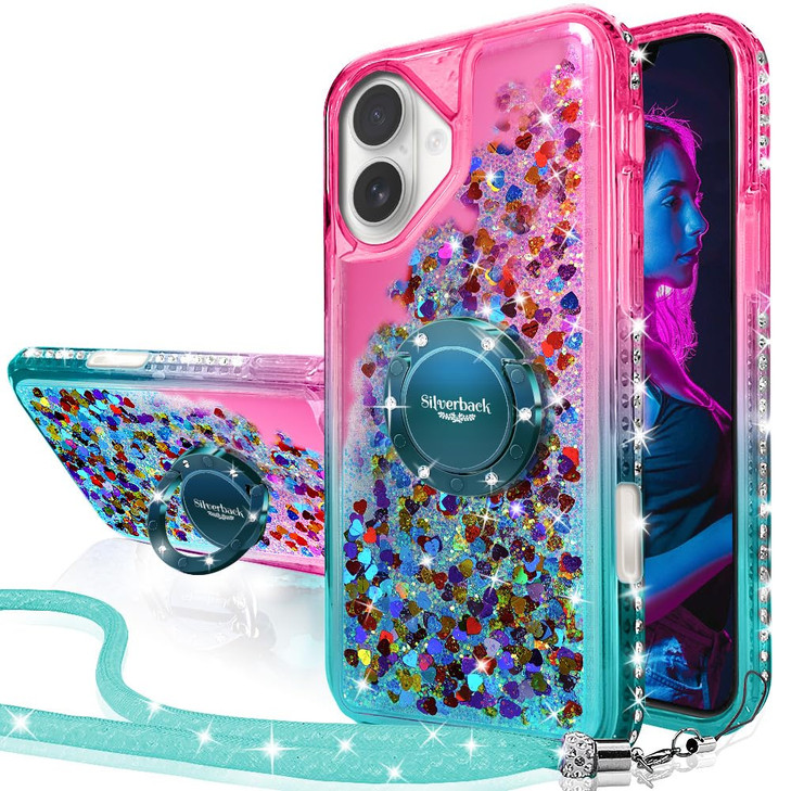 Silverback for iPhone 16 Case, Moving Liquid Holographic Sparkle Glitter Case with Kickstand, Girls Women Bling Diamond Ring Protective Case for iPho