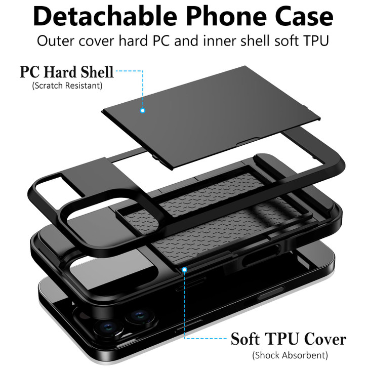 Vofolen Compatible with iPhone 16 Pro Case with Card Holder Dual Layer Heavy Duty Drop Protection Hidden Sliding Card Slot Slim Wallet Phone Case for