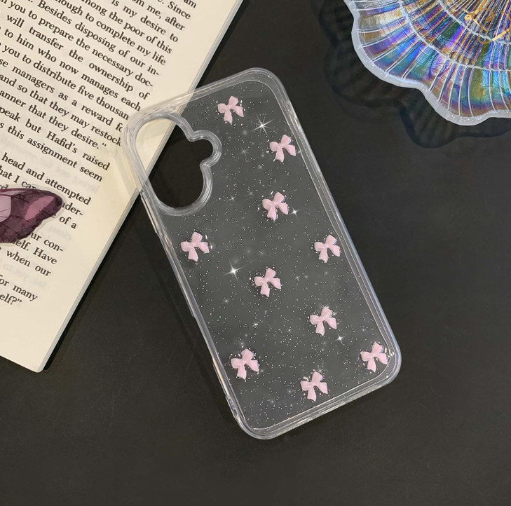 NITITOP Compatible with iPhone 16 Plus Case Clear Cute Sparkly 3D Bow Bling Glitter Bowknot for Women Girls Ultra Slim Anti-Yellow Protective Phone C
