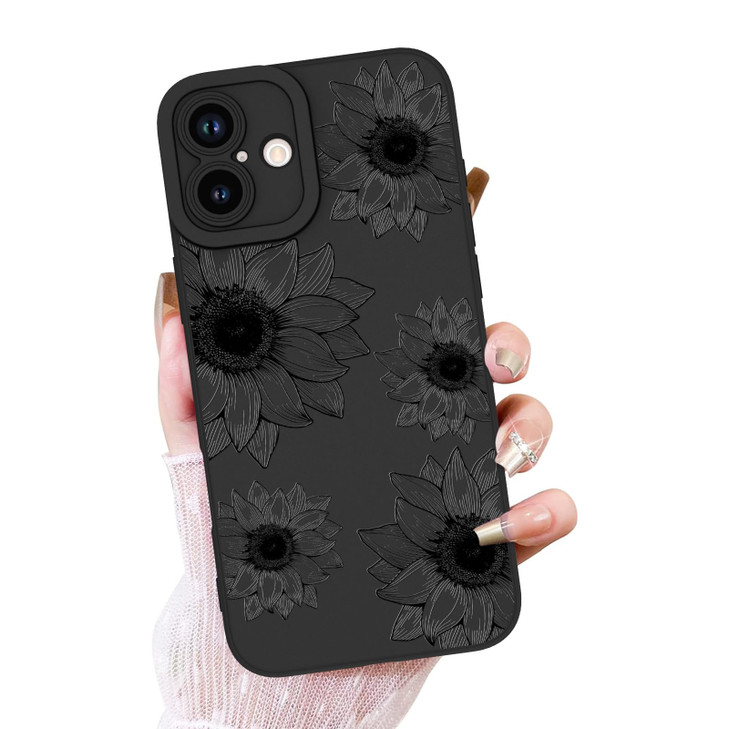OOK Floral Case for iPhone 16 Case, Cute Sunflower Floral Blooms Design Soft TPU Shockproof Protective for Women Girls Phone Cover - Black Flower