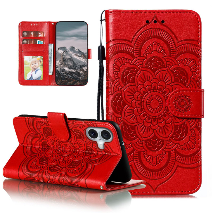 EYZUTAK Case for iPhone 16, Premium PU Leather Magnetic Closure Flip Wallet Phone Case with Card Holder Cash Slot Stand Function Embossed Mandala Flo