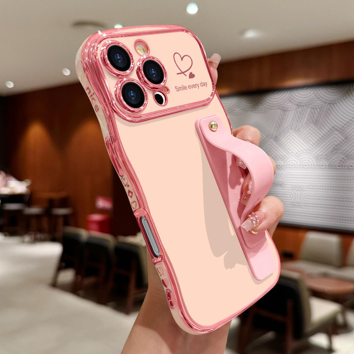 LLZ.COQUE for iPhone 16 Pro Max Case for Women Girls with Strap, Wave Frame Cute Love-Heart Plating Luxury Cover, Raised Full Camera Soft TPU Protect