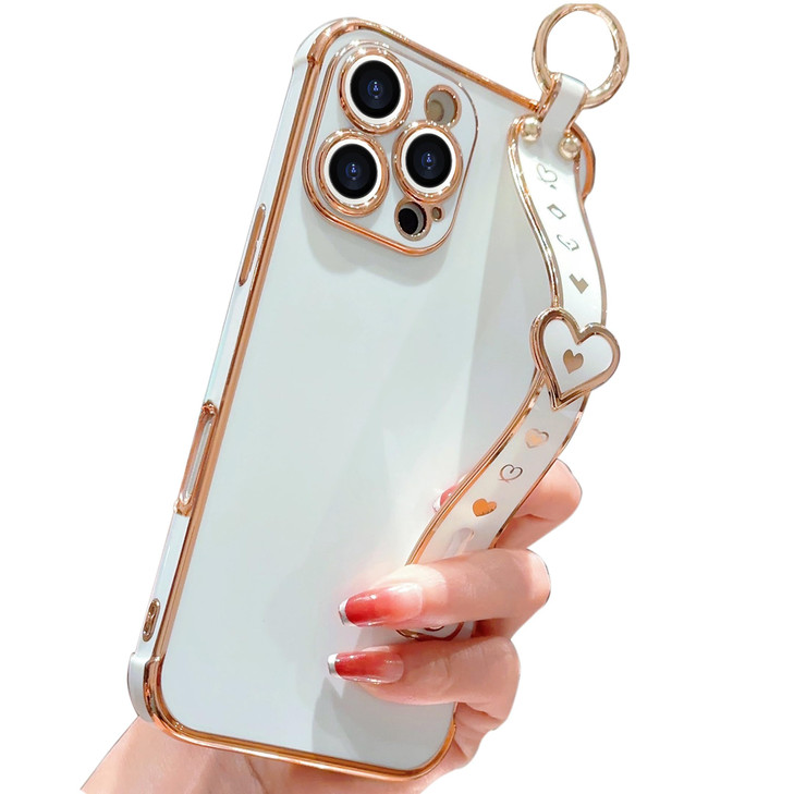 IDweel for iPhone 16 Pro Case with Adjustable Wristband Strap Kickstand Loop Heart Luxury Plating,Raised Corners Bumper Shockproof Slim Fit Sturdy An