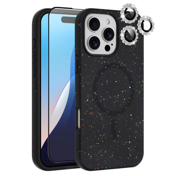 MZELQ for iPhone 16 Pro Max Case, Compatible with MagSafe, Shower Black, Shockproof, Drop Proof, Ultra-Slim, Diamond Camera Protector, Screen Protect