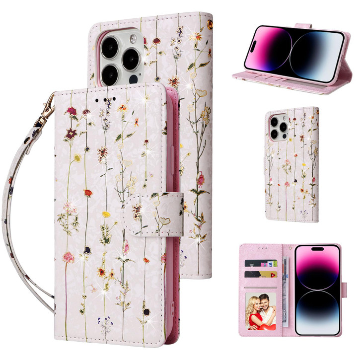 UEEBAI Wallet Case for iPhone 16 Pro, PU Leather Phone Cover Kickstand RFID Blocking Flip Case Card Slots Wrist Strap Relief Engraved Pattern Magneti