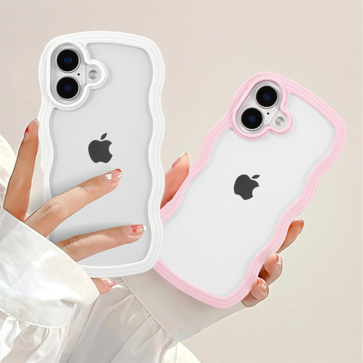 QLTYPRI Compatible with iPhone 16 Plus Case, Cute Curly Wave Frame Clear Case for Girls Women, Transparent Soft Silicone TPU Bumper Shockproof Protec