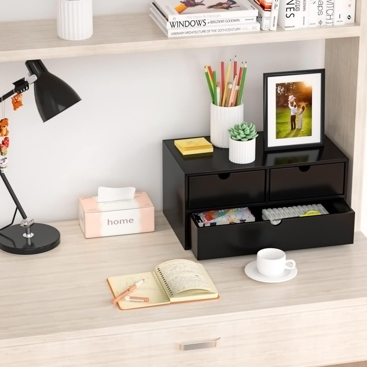 Wisuce Bamboo Desk Organizer - Mini Bamboo Desk Drawer Tabletop Cosmetic Storage Organization for Office or Home Black with Shelf