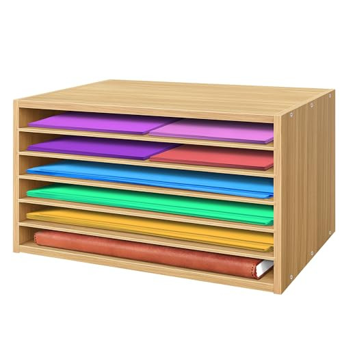 Prolee Construction Paper Organizer 20" x 13.5" x12.2",Soild Wooden Paper Organizer with 6-Tier Letter Trays, Desktop File Papers Sorter for Home, Cl