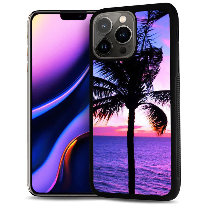 for iPhone 16 Pro, Durable Protective Soft Back Case Phone Cover, HOT12377 Tropical Purple Beach Palm 12377