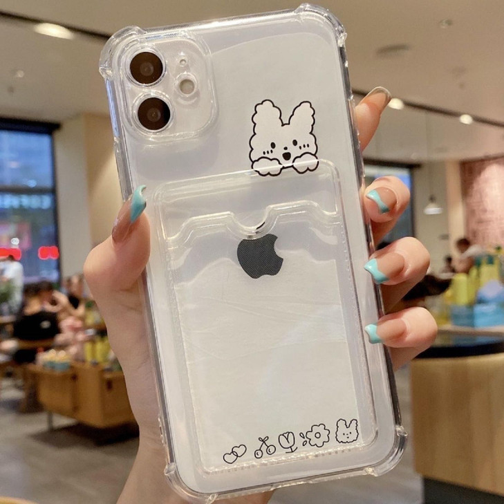 Akeivare Compatible with iPhone 16 Case,Cute Kawaii Cartoon Bunny Bear Clear Credit Card Slot Holder Wallet Transparent Corner Protection Soft Shockp