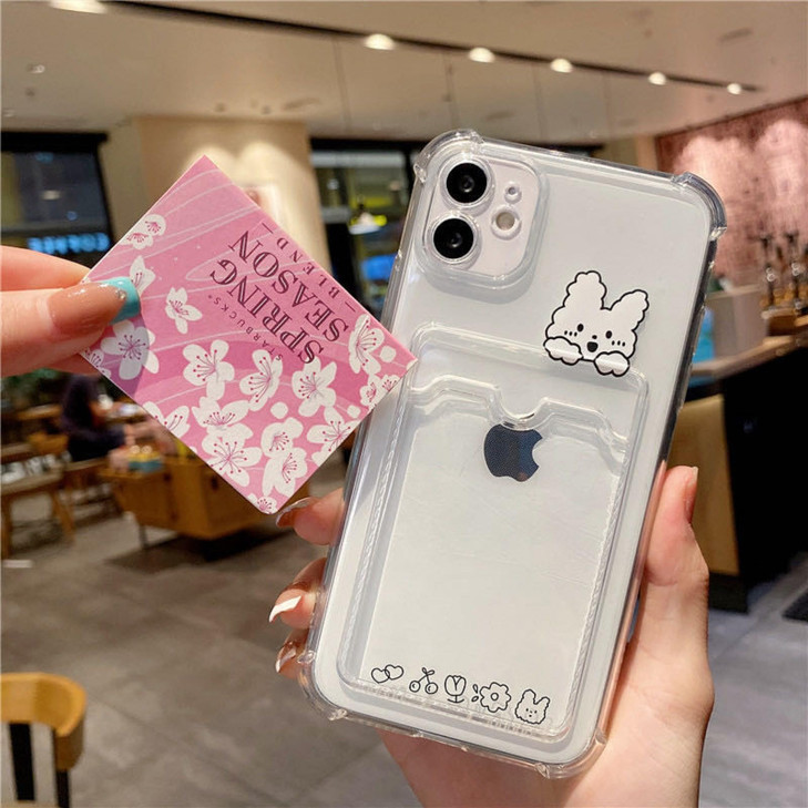 Akeivare Compatible with iPhone 16 Pro Case,Cute Kawaii Cartoon Bunny Bear Clear Credit Card Slot Holder Wallet Transparent Corner Protection Soft Sh