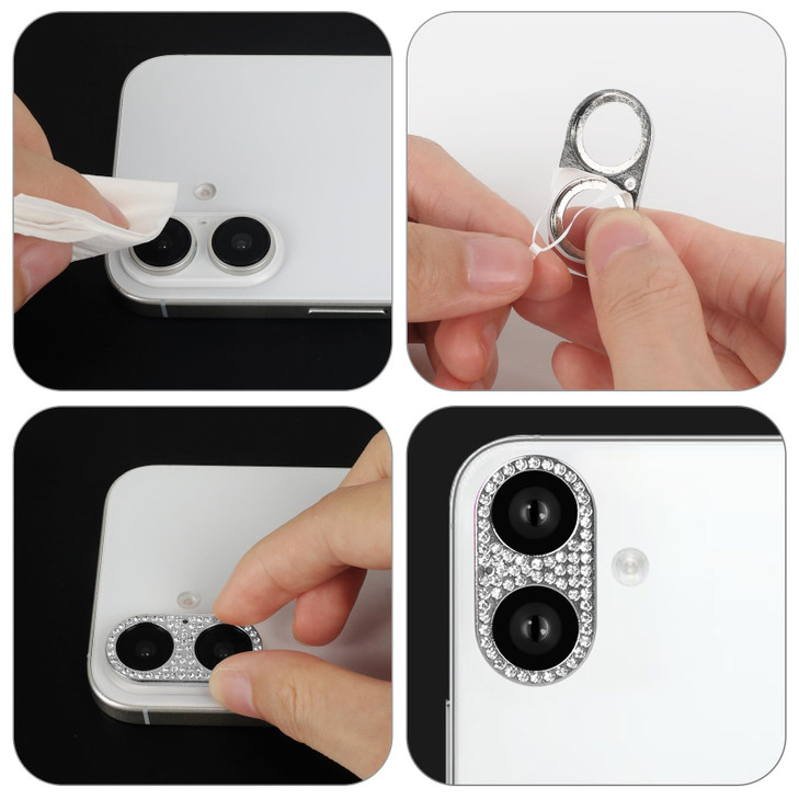 Omorro for iPhone 16 Plus Bling Camera Lens Cover Protector, 3D Glitter Crystal Diamond Rhinestone Anti-Scratch Shining Dots Metal Protective Decorat