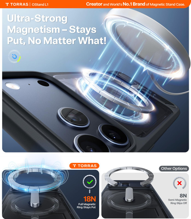 TORRAS Strong Magnetic & Seamless Stand for iPhone 17 Pro Case, Fit for MagSafe, Militray Grade Protection, Built-in Kickstand, Camera Control, Trans