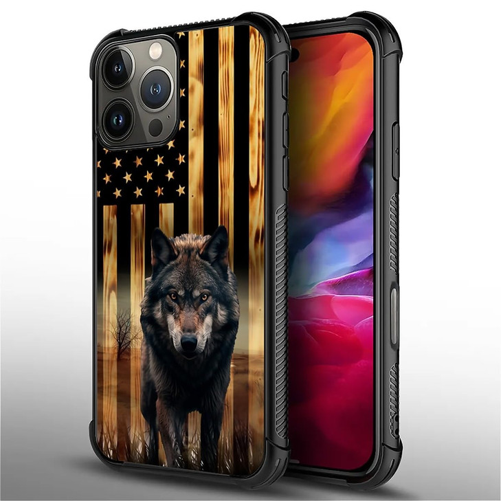 DAIZAG Compatible with iPhone 16 Pro Case,All-Round Protection Shockproof Anti-Scratches TPU Cover,Cases for Man Woman-Wolf American Wood Grain Flag