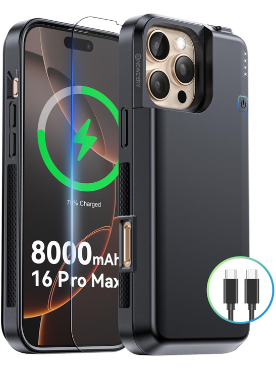 NEWDERY Upgraded Battery Case for iPhone 16 Pro Max, 8000mAh USB-C Portable Power Bank, CarPlay, Sync Data Supported, Rechargeable Charger Case Compa